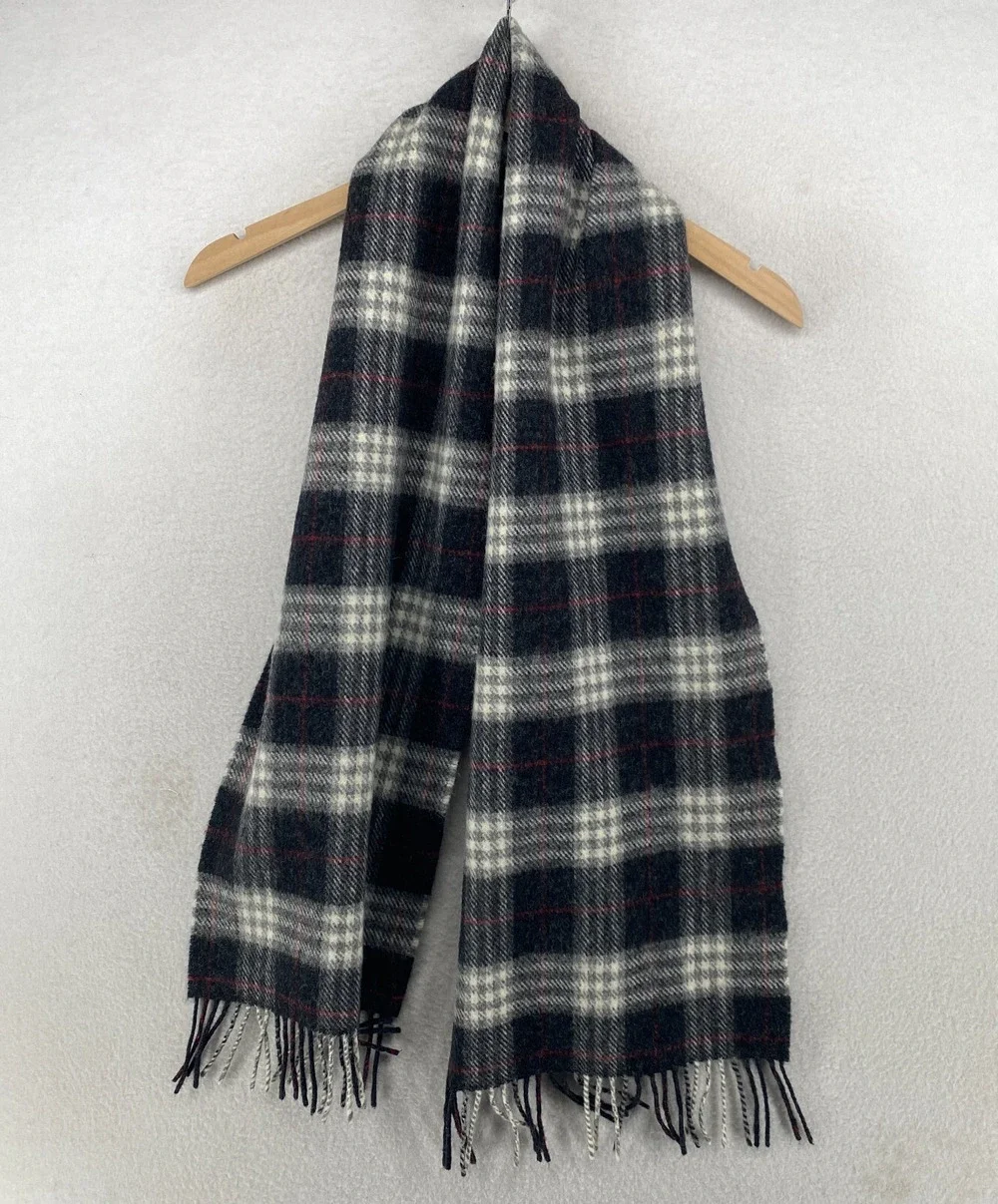JOHN HANLY & CO FOR LL BEAN Scarf Lambswool Check Fringe Wrap Gray 11